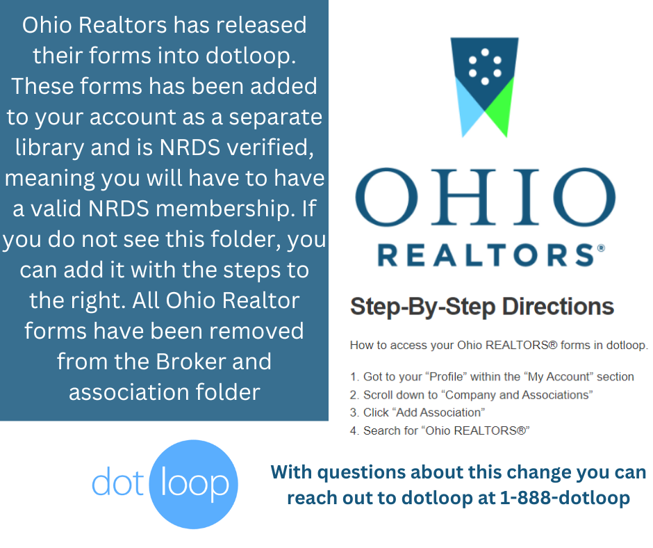 Ohio realtors have released their Forms Into Dotloop these forms have been added to your account as a seperate library and is NRDS verified, if you do not see this folder, you can add it with the steps to the right. all Ohio Realtor forms have been removed and from the broker and association folder