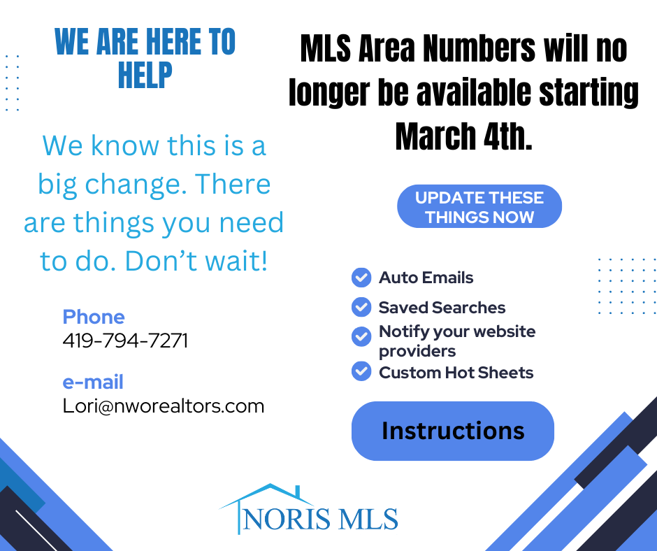 WE ARE HERE TO HELP
We know this a big change. There are things you don't need to do. 

MLS area numbers will no longer be available starting March 4th

Update these things now:
Auto emails,
Saved Searches,
Notify your website providers,
Custom Hot Sheets